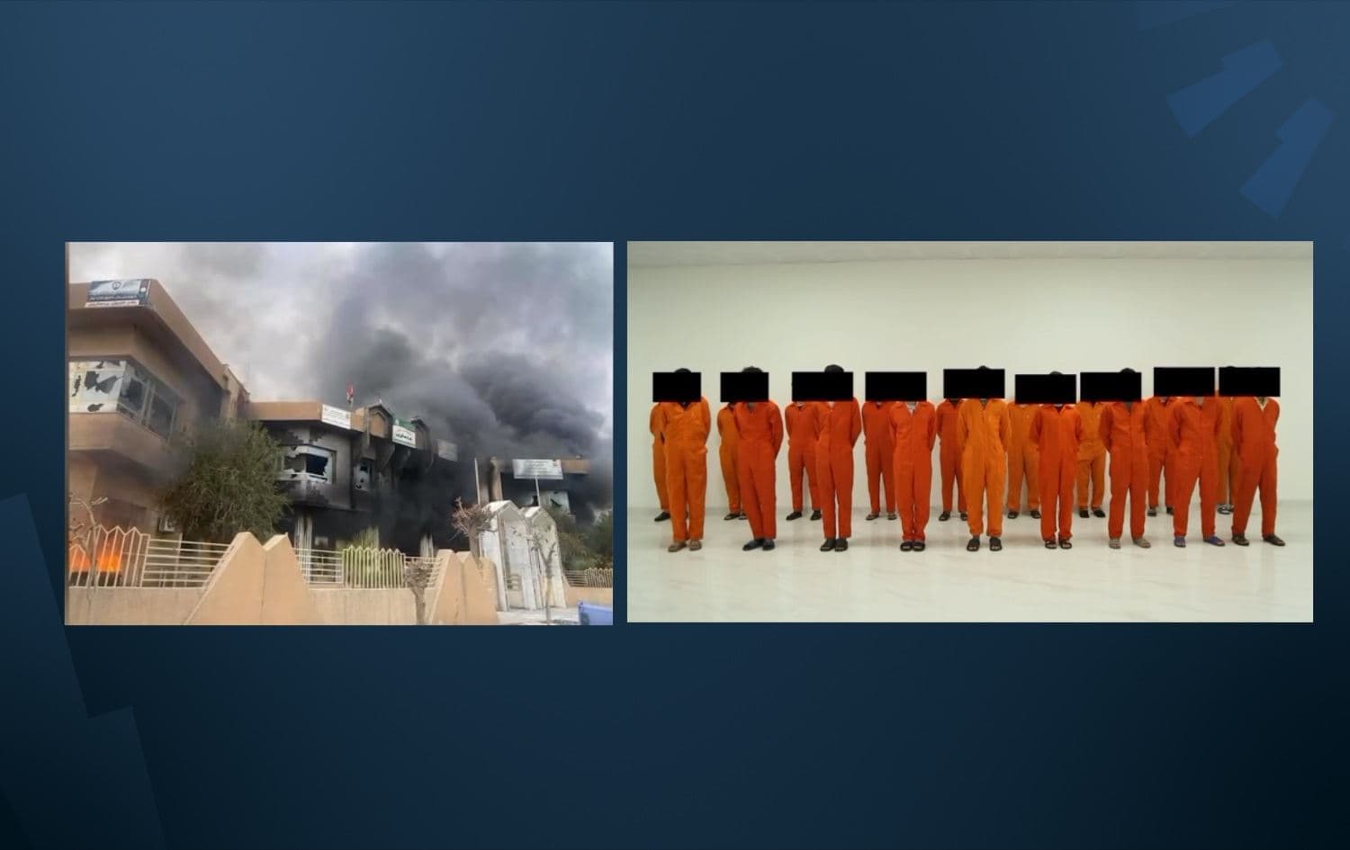 A screenshot of Sulaimani’s Piramagrun public library (left), allegedly set on fire by the 18 protestors (right) in November. Photo: Eighteen protestors arrested by Sulaimani security forces for damaging public property during large-scale demonstrations appeared in orange jumpsuits. Photo: screenshot/Sulaimani security directorate Three of the detainees who appeared in the video footage published by Sulaimani security directorate. Photo: screenshot/Sulaimani security directorate