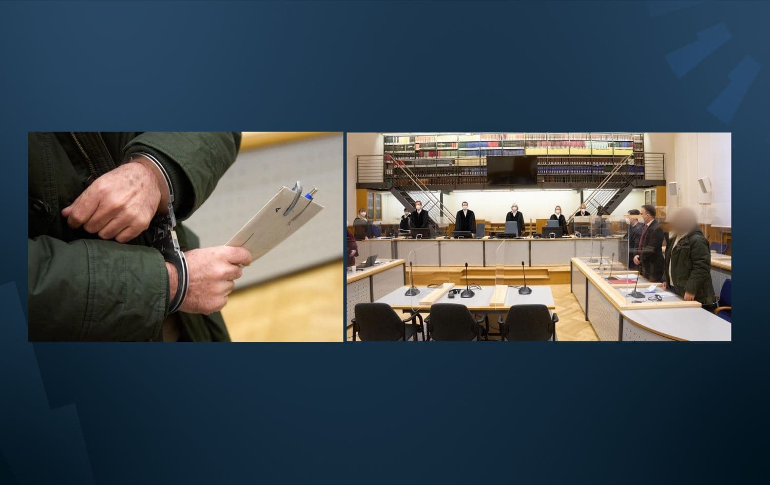 The hands of the defendant, Anwar Raslan (left), and pictured in the court in Koblenz, Germany (right) where he is facing accusations of crimes against humanity. Photo: Thomas Frey/AFP