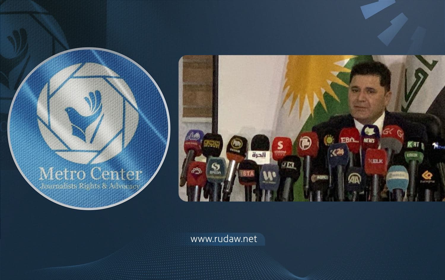 Logo of Metro Center (left). Kurdistan Regional Government's (KRG) Coordinator for International Advocacy Dindar Zebari (right) in a press conference on January 11, 2022. Photo: Dindar Zebari/ Twitter; Graphic: Rudaw