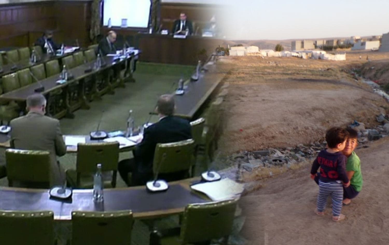 A backbench business debate on the topic of the Yazidi genocide in Westminster, UK, on February 8, 2022 (left), and Yazidi children outside their IDP camp in Sharya, in the Kurdistan Region, on August 3, 2021 (right). Photo: UK Parliament TV/Alannah Travers. Graphic: Rudaw