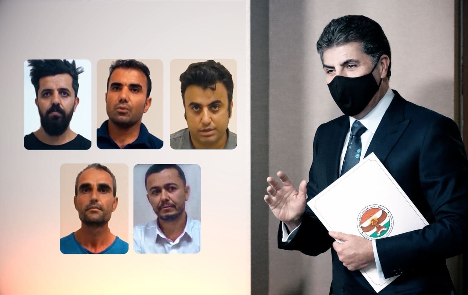 From left: Hariwan Issa, Guhdar Zebari, Sherwan Shwerwani, Shivan Saeed, and Ayaz Karam. Photos: handout/KRSC; Kurdistan Region President Nechirvan Barzani (right). Photo: Rudaw; Graphic: Rudaw