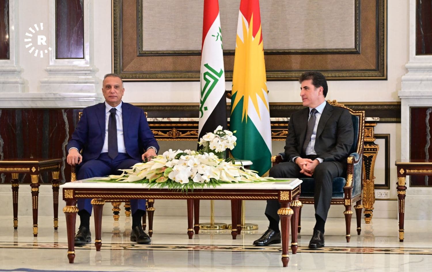Kurdistan Region President Nechirvan Barzani (right) received Iraqi PM Mustafa al-Kadhimi in Erbil on March 14, 2022. Photo: Office of the President