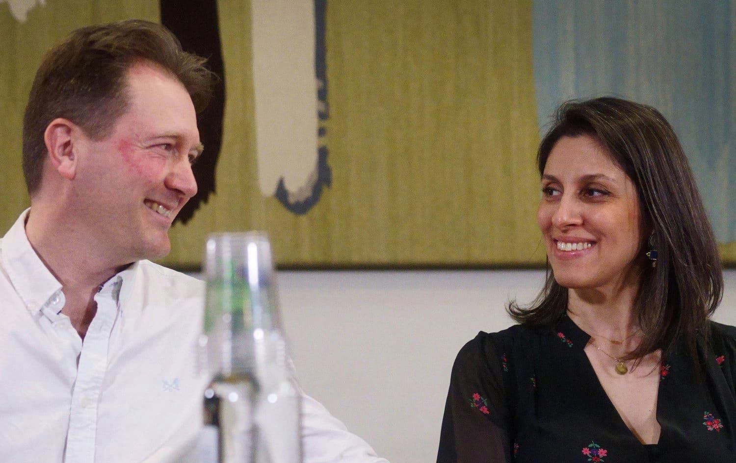 Nazanin Zaghari-Ratcliffe (right) and her husband Richard Ratcliffe (left), attend a press conference hosted by MP Tulip Siddiq in the UK Parliament's Portcullis House on March 21, 2022 following her release from detention in Iran last week. Photo: Victoria Jones/AFP