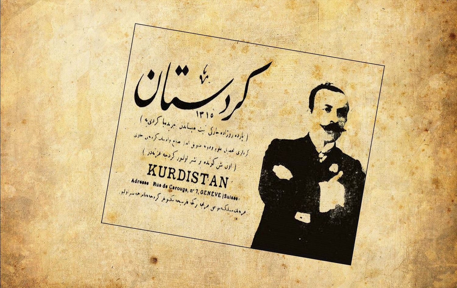 The front cover of the first issue of “Kurdistan”, published on April 22, 1898 (left). Kurdish literary figure and creator of the newspaper, Miqdad Medhat Baderkhan (right). Graphic: Rudaw