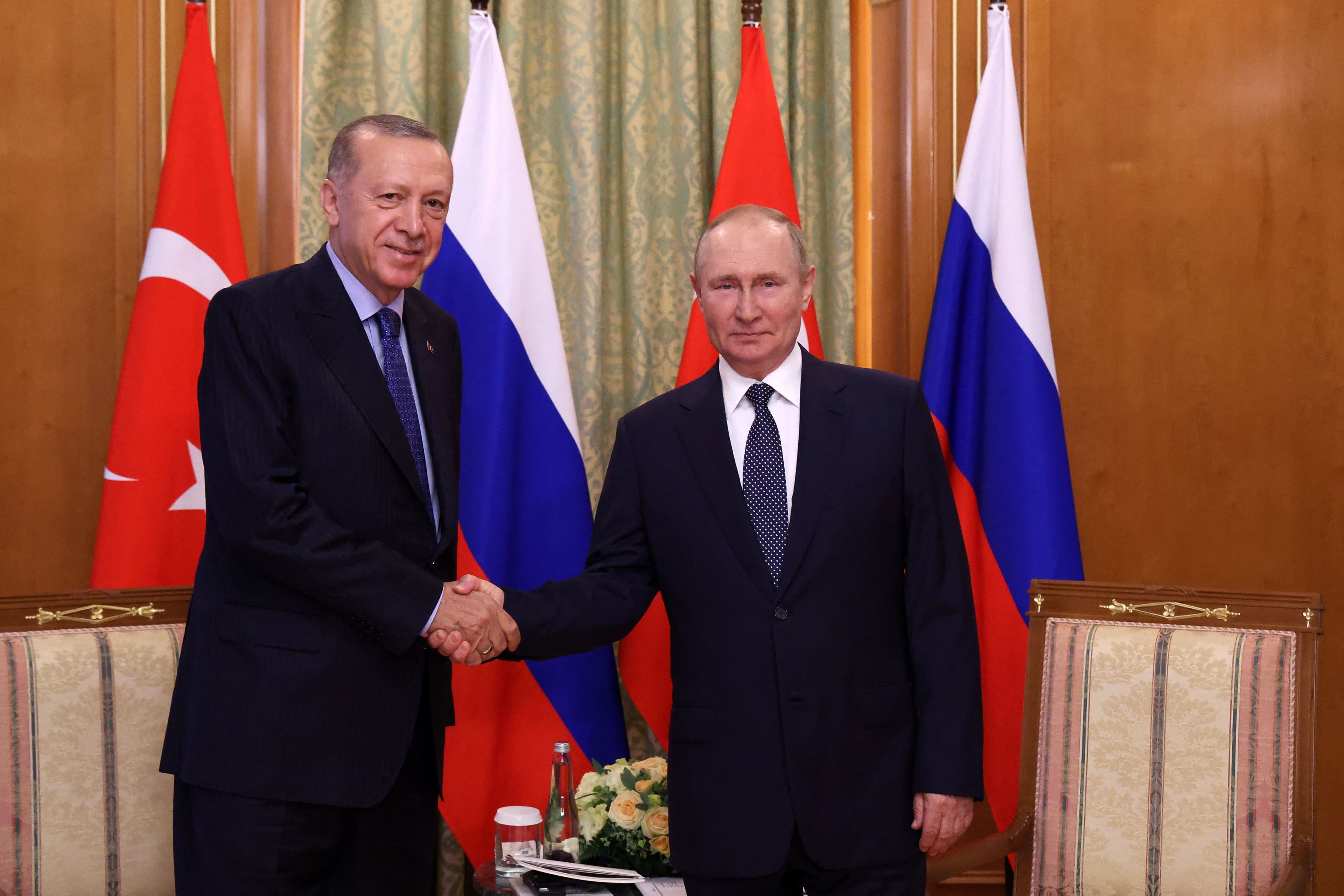 Russian President Vladimir Putin (R) shakes hands with Turkish President Recep Tayyip Erdogan (L) during a meeting in Sochi, on August 5, 2022. Photo: AFP