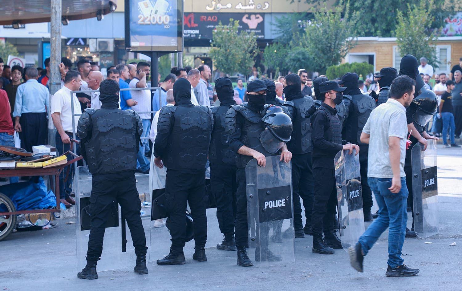 Security forces deploy during a rally by supporters of the New Generation in the Kurdistan Region’s city of Sulaimani on August 6, 2022. Photo: Shwan Mohammed/AFP