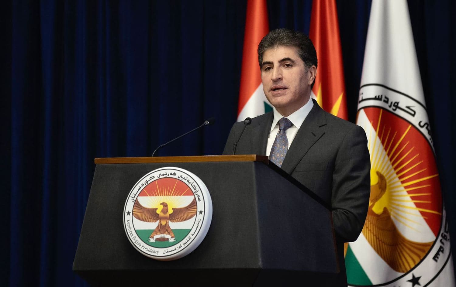 President Nechirvan Barzani speaking in an event in Erbil on December 8, 2021. Photo: President Barzani's office
