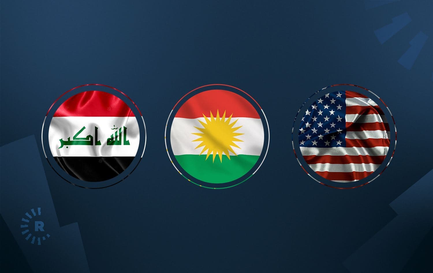From left: Iraqi, Kurdish, and American flags. Graphic: Rudaw
