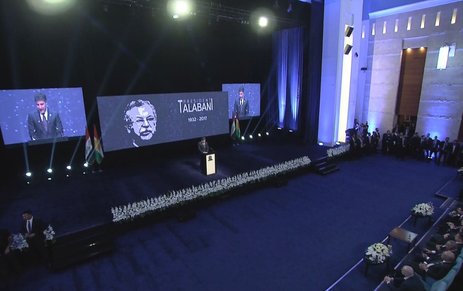Kurdistan Region President Nechirvan Barzani speaks at at a memorial event honoring the life of the late president of Iraq and leader of the Patriotic Union of Kurdistan (PUK) Jalal Talabani on October 3, 2022. Photo: screengrab/Rudaw