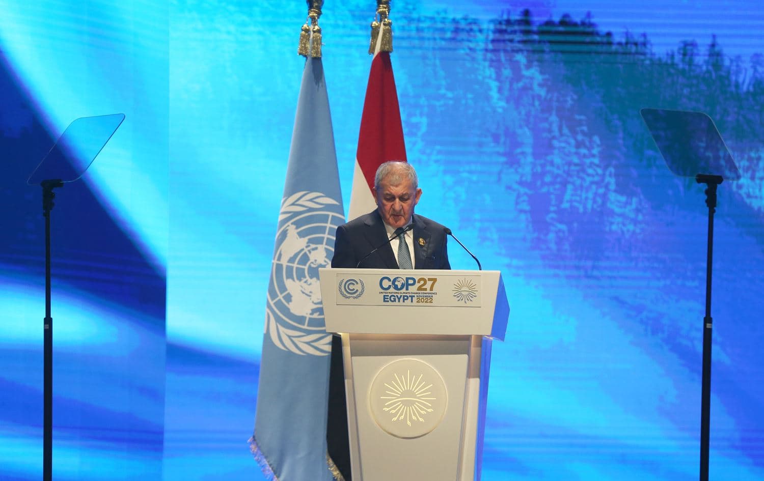 Iraq's President Abdul Latif Rashid delivering a speech at COP27 in Egypt’s Sharm El-Sheikh on November 7, 2022. Photo: President Rashid's office