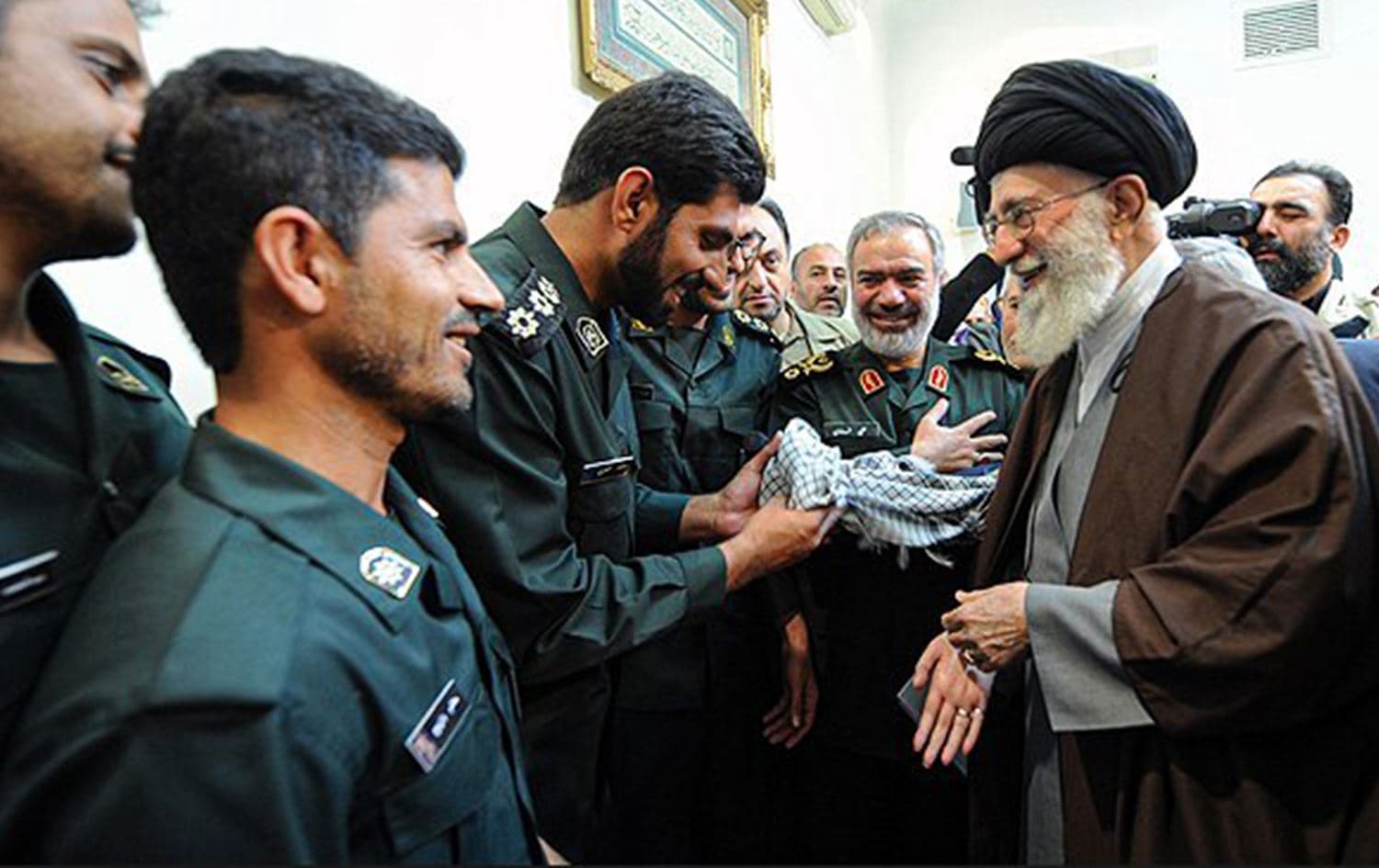 IRGC guards involved in the January 12, 2016 seizure of US sailors being praised by Supreme Leader Ayatollah Ali Khamenei. Photo: Farsnews