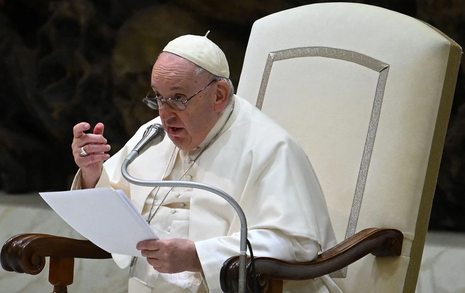 Pope Francis speaks during the weekly general audience on January 4, 2023 at Paul-VI hall in The Vatican. Photo: Filippo Monteforte/AFP