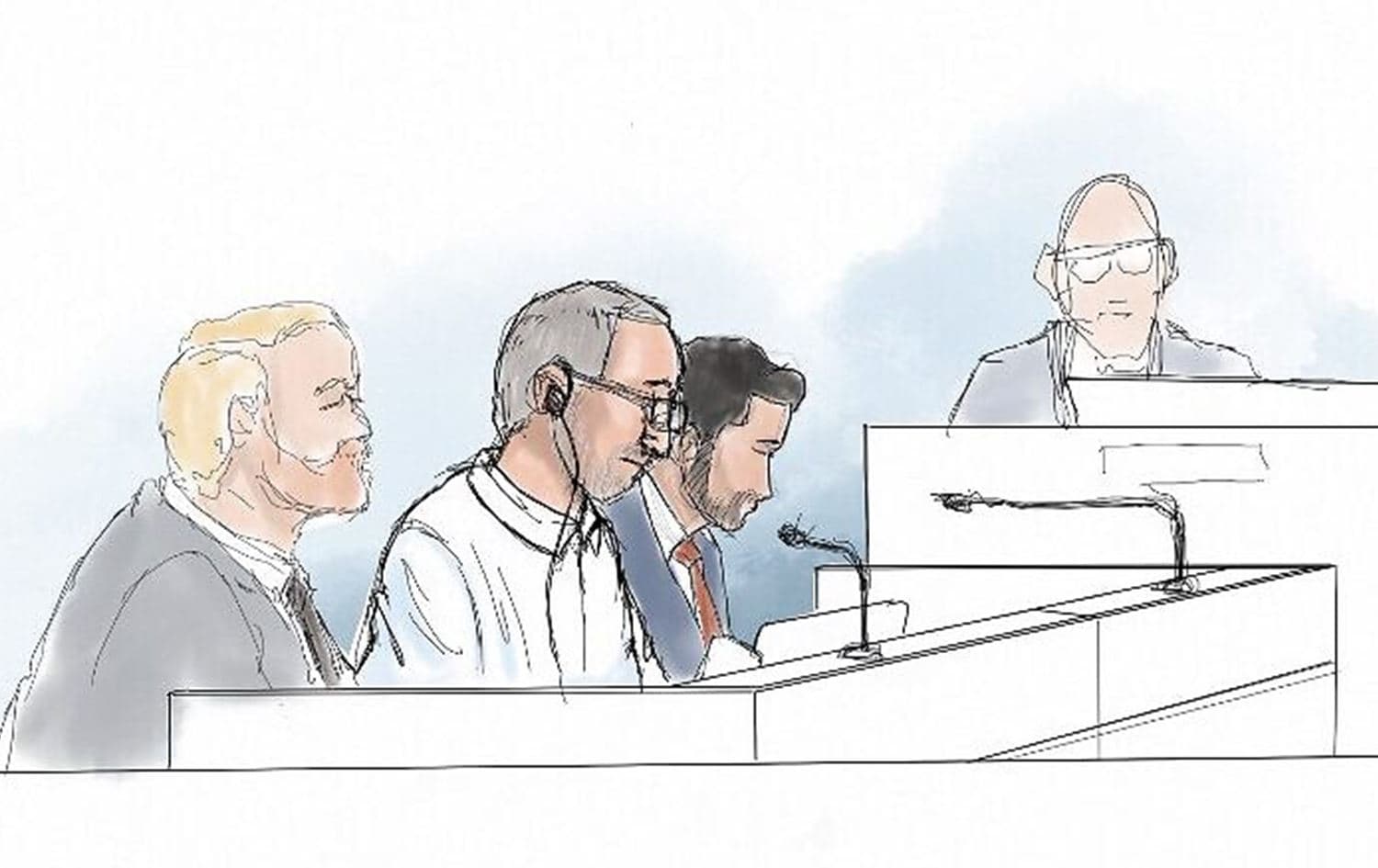 Courtroom sketch shows Iranian defendant Hamid Noury (2nd from left) sitting in the District Court of Stockholm with his defense attorney Daniel Marcus (3rd from left) on the opening of his trial for war crimes and murder, on August 10, 2021. Photo: Anders Humlebo/AFP