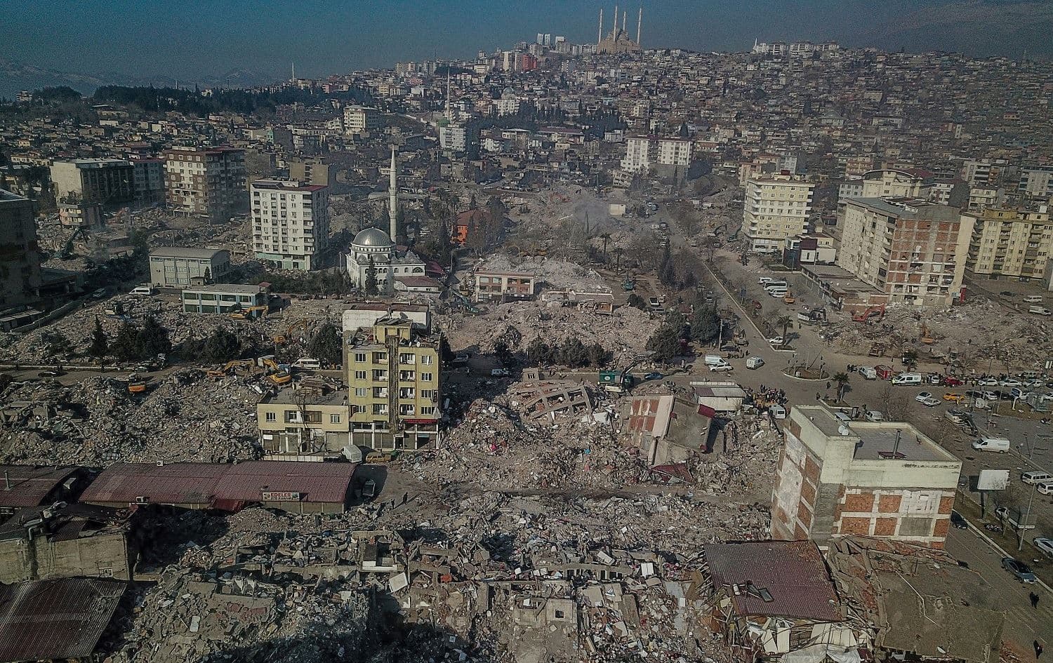 This aerial view shows collapsed buildings during ongoing rescue operations in Kahramanmaras, southeastern Turkey, on February 14, 2023, eight days after a 7.8-magnitude struck the country's southeast. Photo: Ozan Kose/AFP