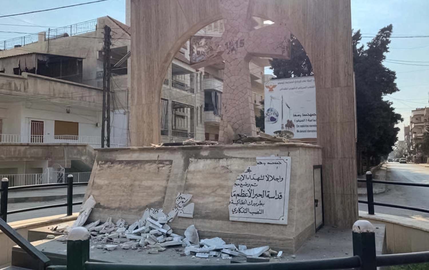 The Sayfo 1915 monument in Qamishli, northeast Syria was vandalized on February 25, 2023. Photo: Handout/Syriac Military Council