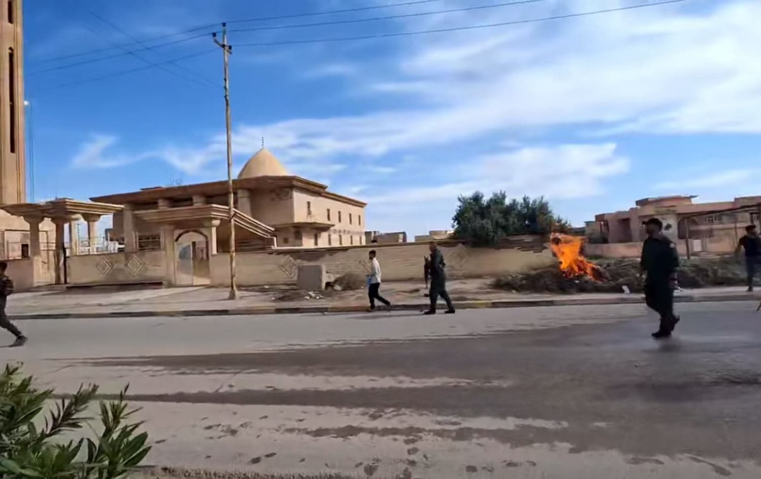 A fire burns outside of Rahman Mosque in Shingal on April 27, 2023. Photo: social media