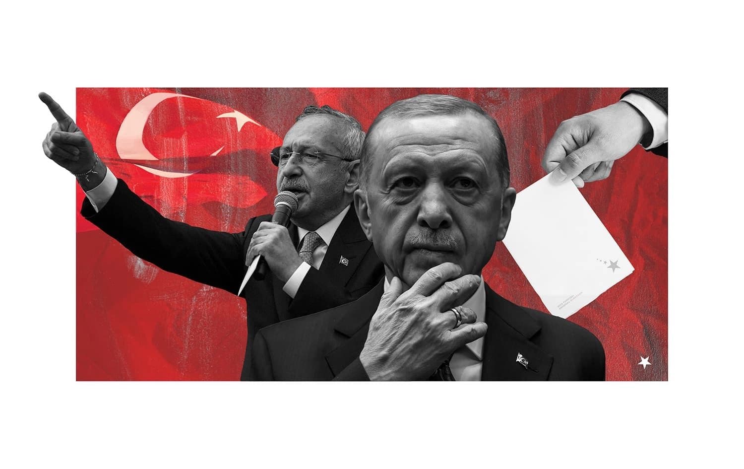 Turkish presidential candidates Kemal Kilicdaroglu (left) and Recep Tayyip Erdogan. Photos: AFP; Graphic: Aland Qaradaxi/Rudaw