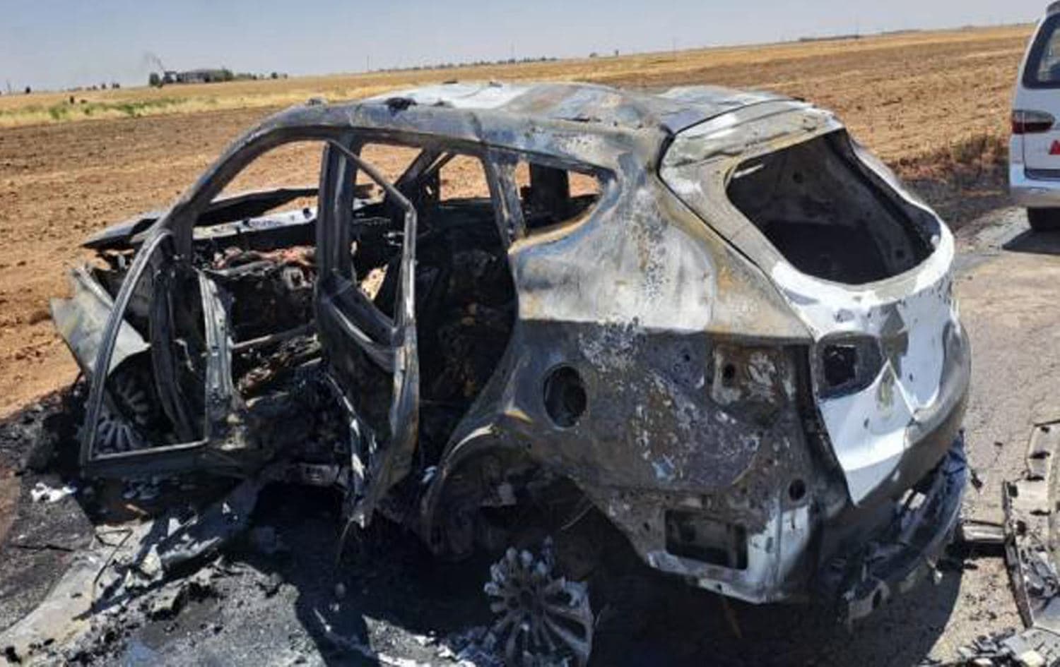 Aftermath of a suspected Turkish attack on a car carrying Rojava administration in Hasaka, Syria on June 20, 2023. Photo: SOHR