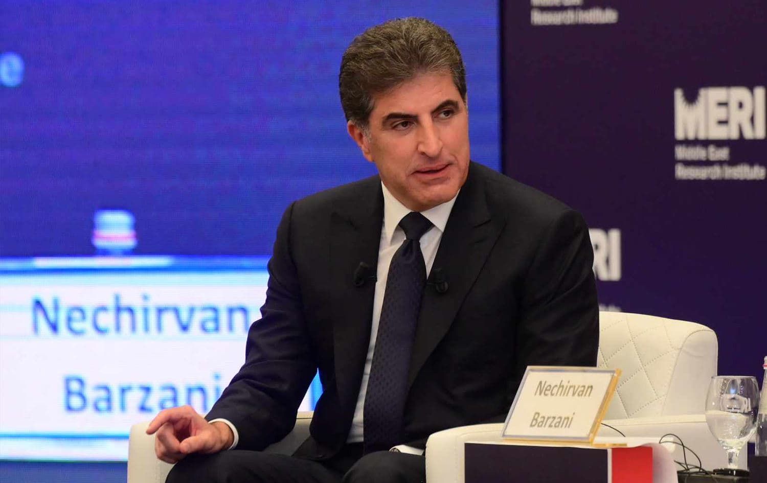 Kurdistan Region President Nechirvan Barzani speaking at the MERI Forum in Erbil on October 10, 2023. Photo: Bilind T. Abdullah/Rudaw