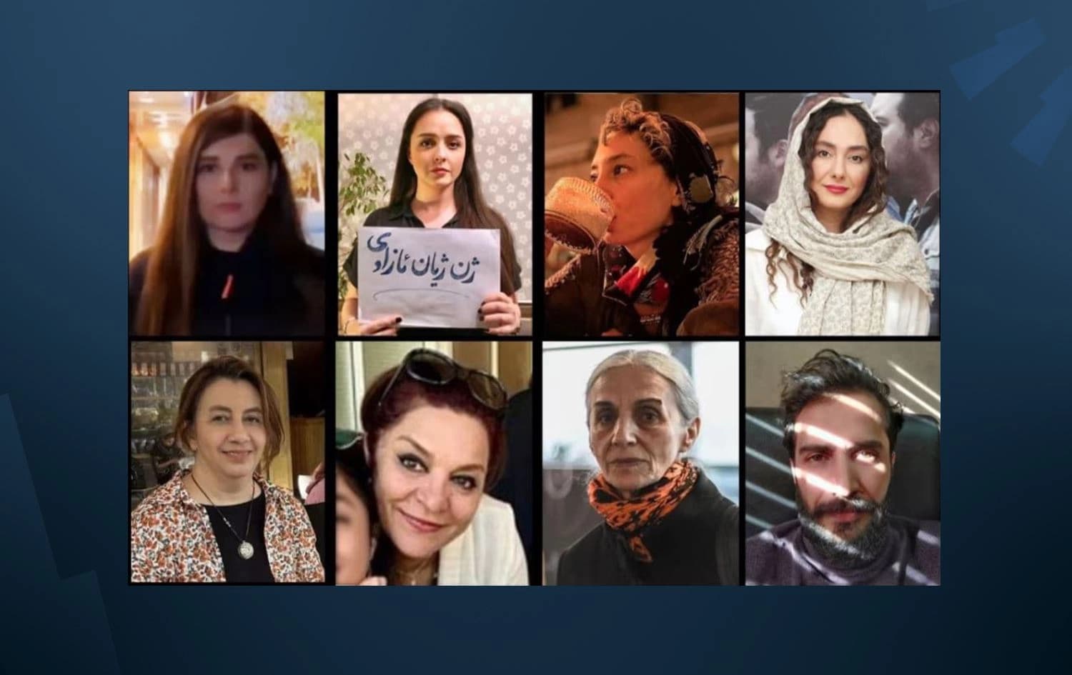 وێنەی هەر حەوت ژنە هونەرمەند و پیاوە رۆژنامەڤانەکە