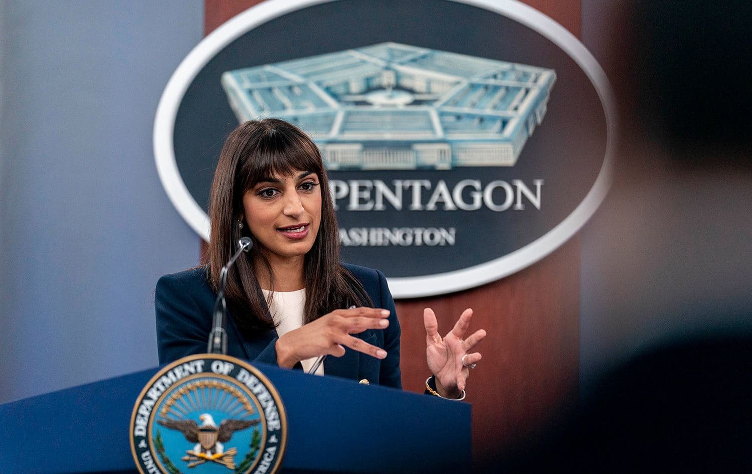 Deputy Pentagon Press Secretary Sabrina Singh speaks at a news conference at the Pentagon, Virginia, on November 4. Photo: AP