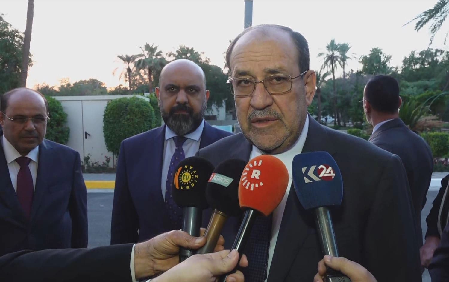 Nouri al-Maliki, head of the State of Law coalition speaking to reporters in Baghdad on January 13, 2024. Photo: Rudaw