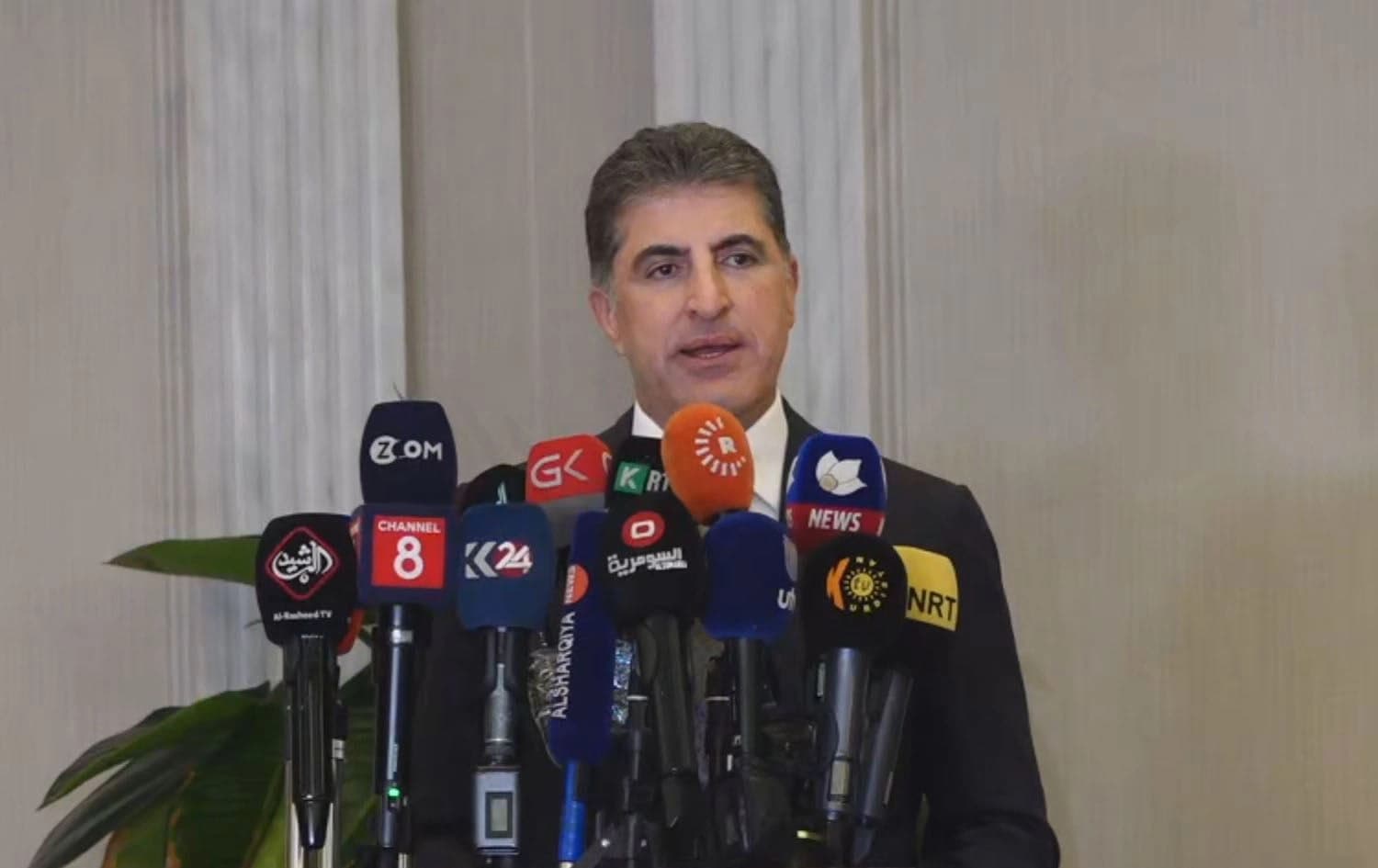 Kurdistan Region President Nechirvan Barzani speaking to reporters in Baghdad on January 14, 2024. Photo: Rudaw