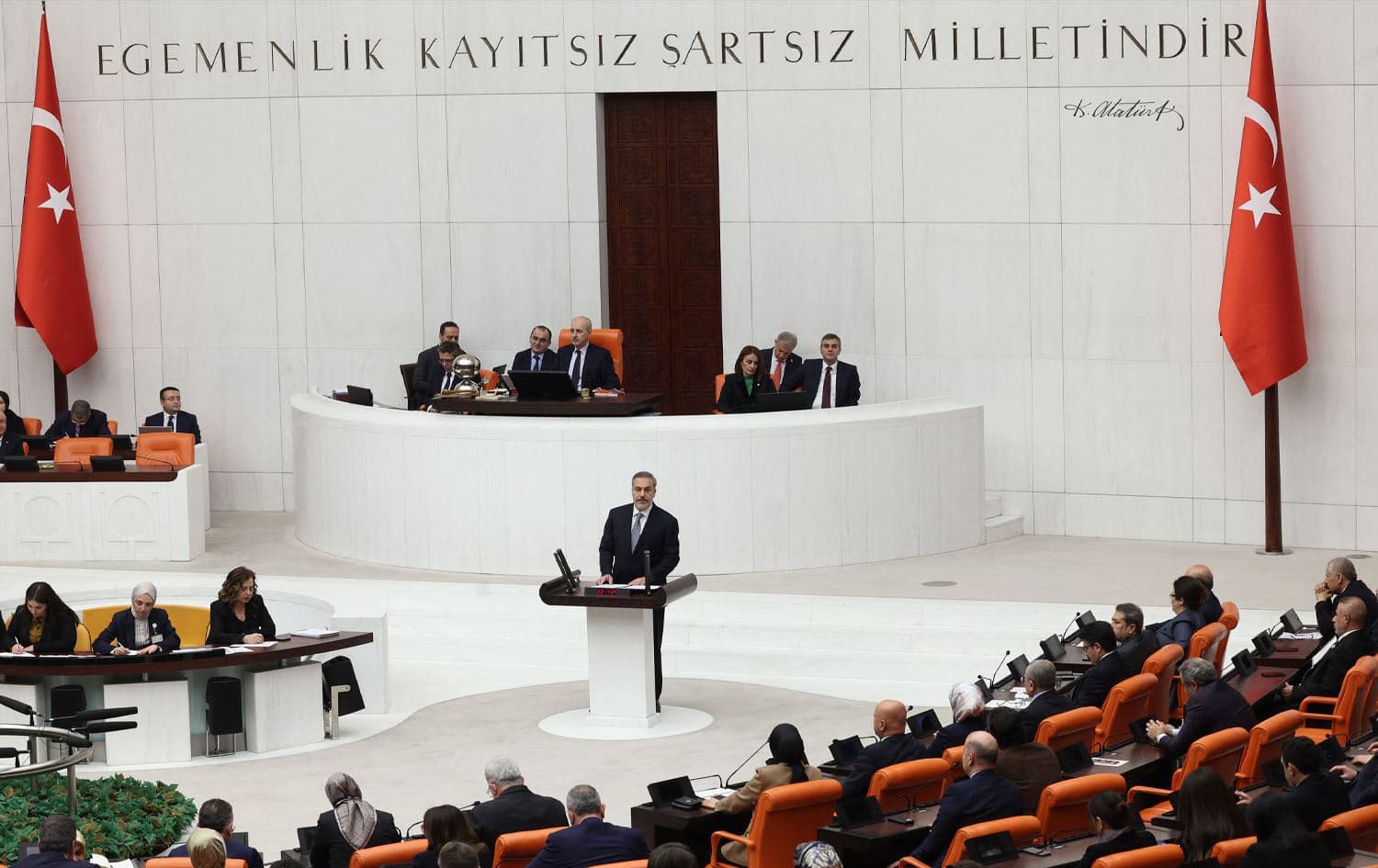 Turkish Foreign Minister Hakan Fidan delivering a speech in the Turkish parliament on January 16, 2024. Photo: Adem ALTAN / AFP