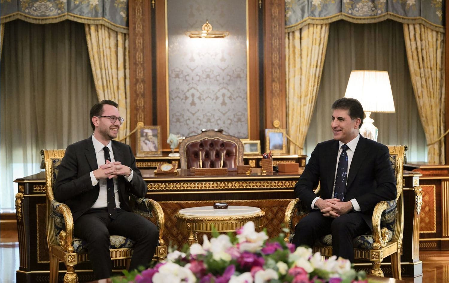 President of the Kurdistan Region Nechirvan Barzani (right) meets with UK Consul General to Erbil James Goldman on February 12, 2024. Photo: Presidency's office