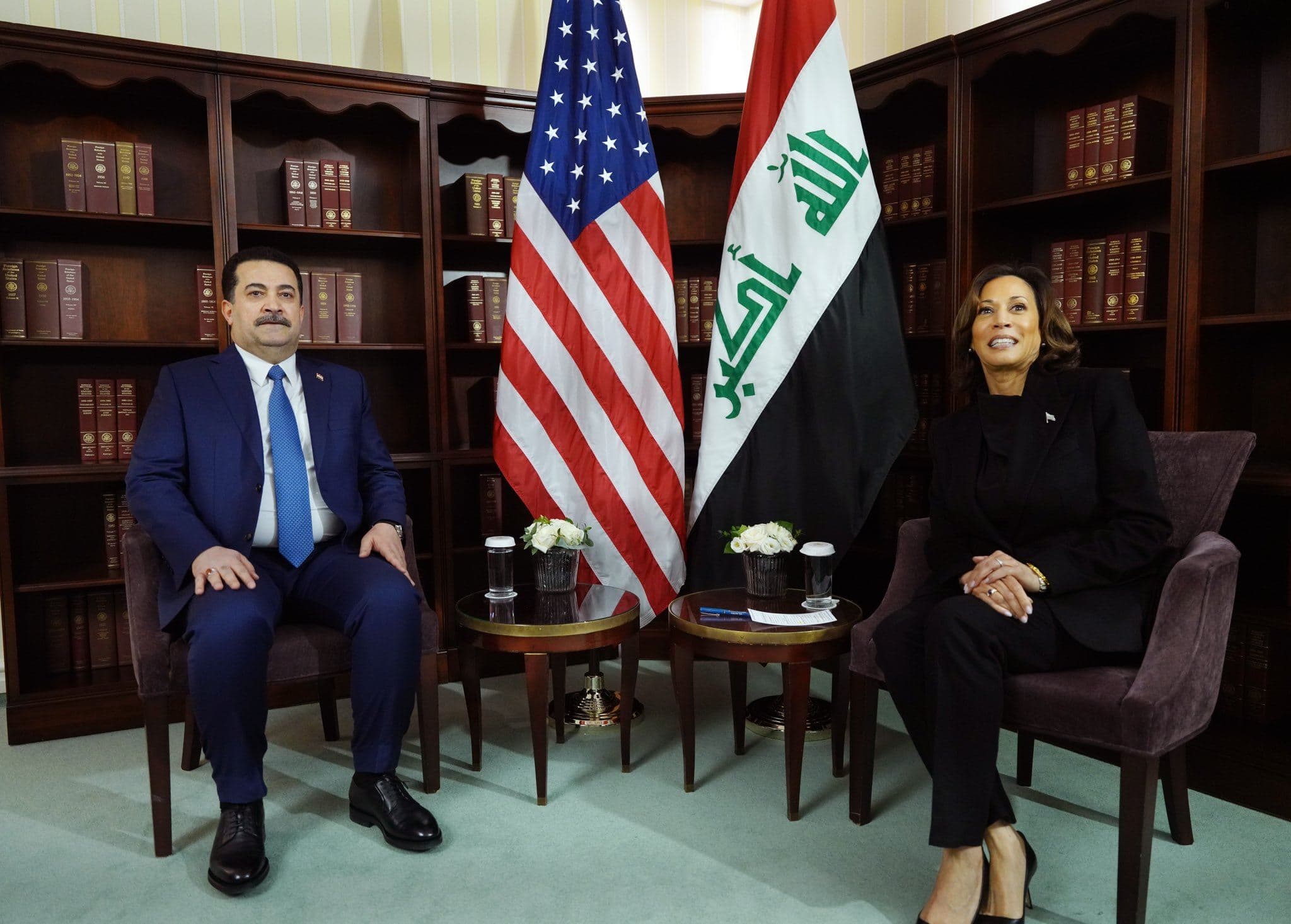 Iraqi Prime Minister Mohammed Shia' al-Sudani (left) meeting with United States Vice President Kamala Harris (right) in Munich on February 16, 2024. Photo: Sudani's office