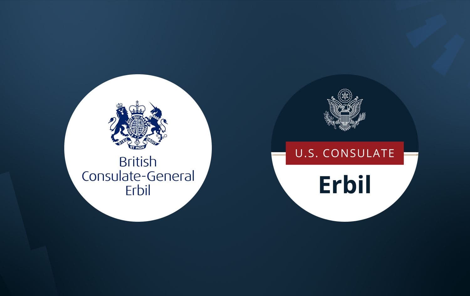 Logos of the UK Consulate in Erbil (left) and the US Consulate in Erbil (right). Graphic: Rudaw
