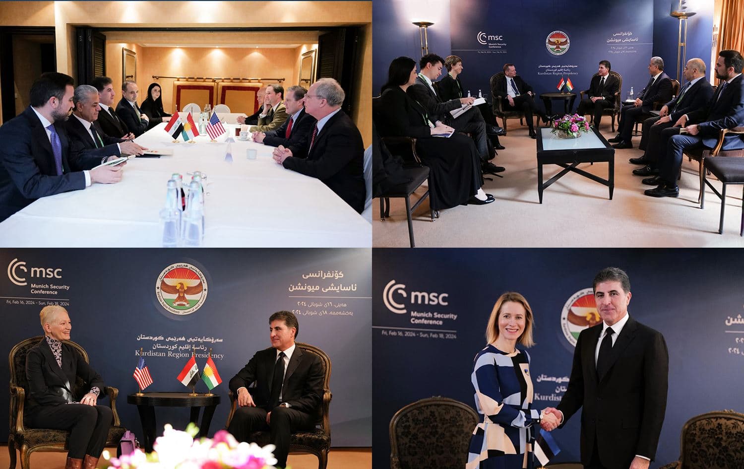 Kurdistan Region President Nechirvan Barzani concluded his participation at the Munich Security Conference by holding more high-profile meetings on February 18, 2024. Photos: Office of the President; Graphic: Rudaw