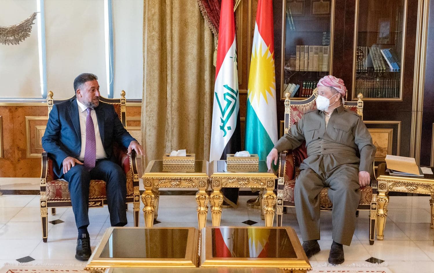 KDP President Masoud Barzani receives Khamis al-Khanjar, head of the Sovereignty Alliance, in Erbil on August 11, 2022. Photo: Barzani's office