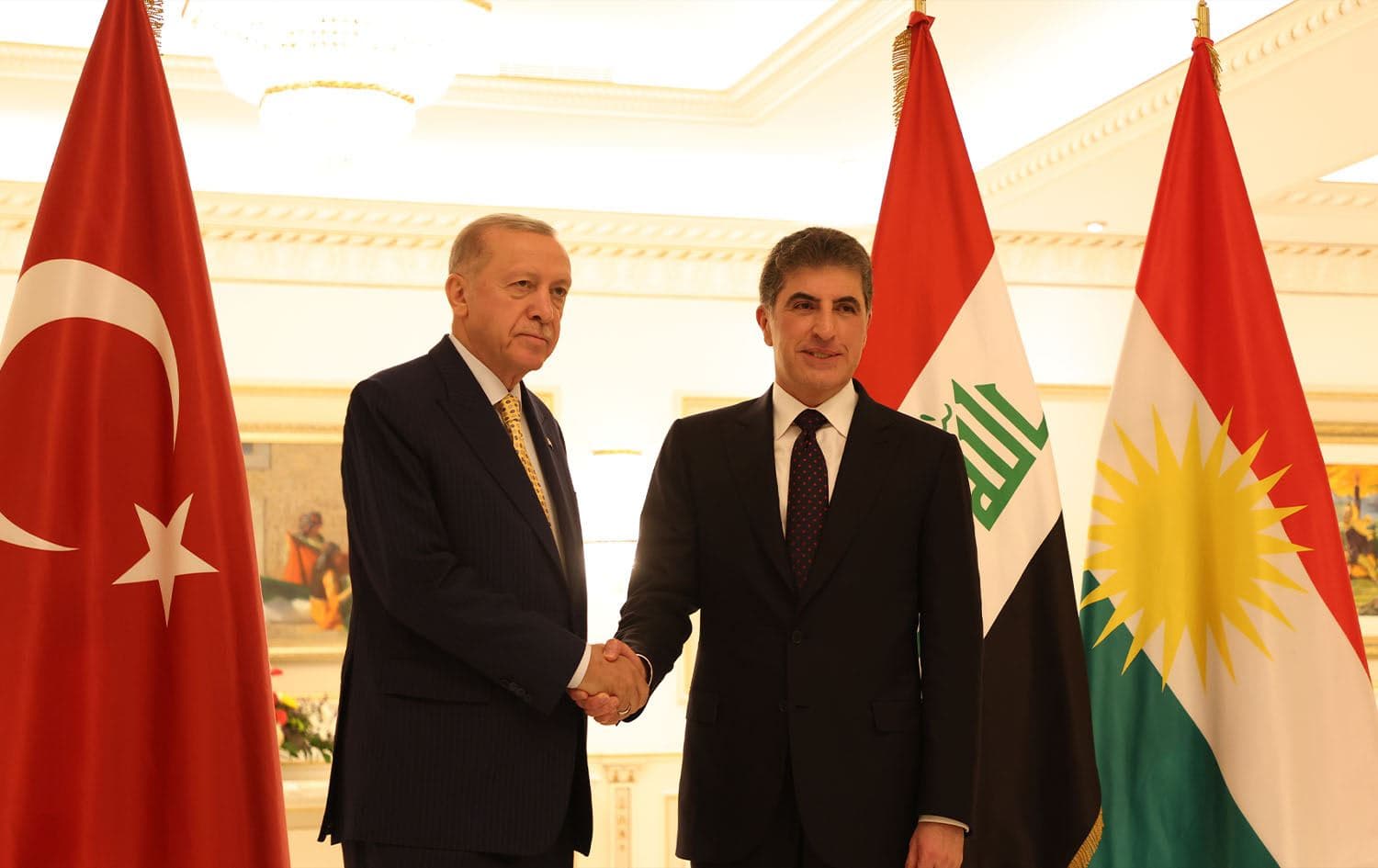Kurdistan Region President Nechirvan Barzani (right) received Turkish President Recep Tayyip Erdogan (left) in Erbil on April 22, 2024. Photo: Bilind T. Abdullah/Rudaw