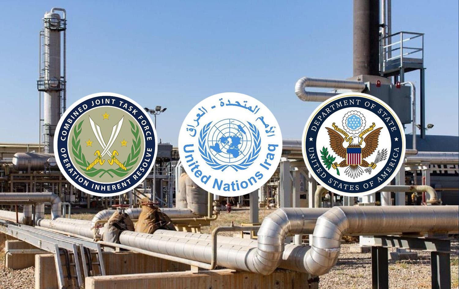 From left: logos of the coalition, UNAMI and US State Department, with a file photo of Khor Mor gas field in the background. Photo: Dana Gas. Graphic: Rudaw