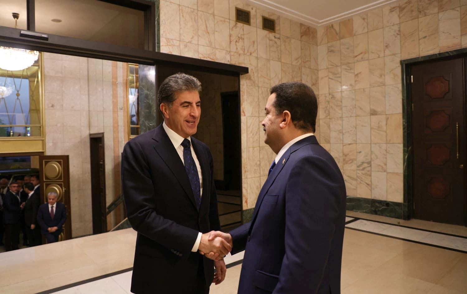 Kurdistan Region President Nechirvan Barzani (left) shakes hands with Iraqi PM Mohammed Shia' al-Sudani in Baghdad on April 27, 2024. Photo: Office of the President