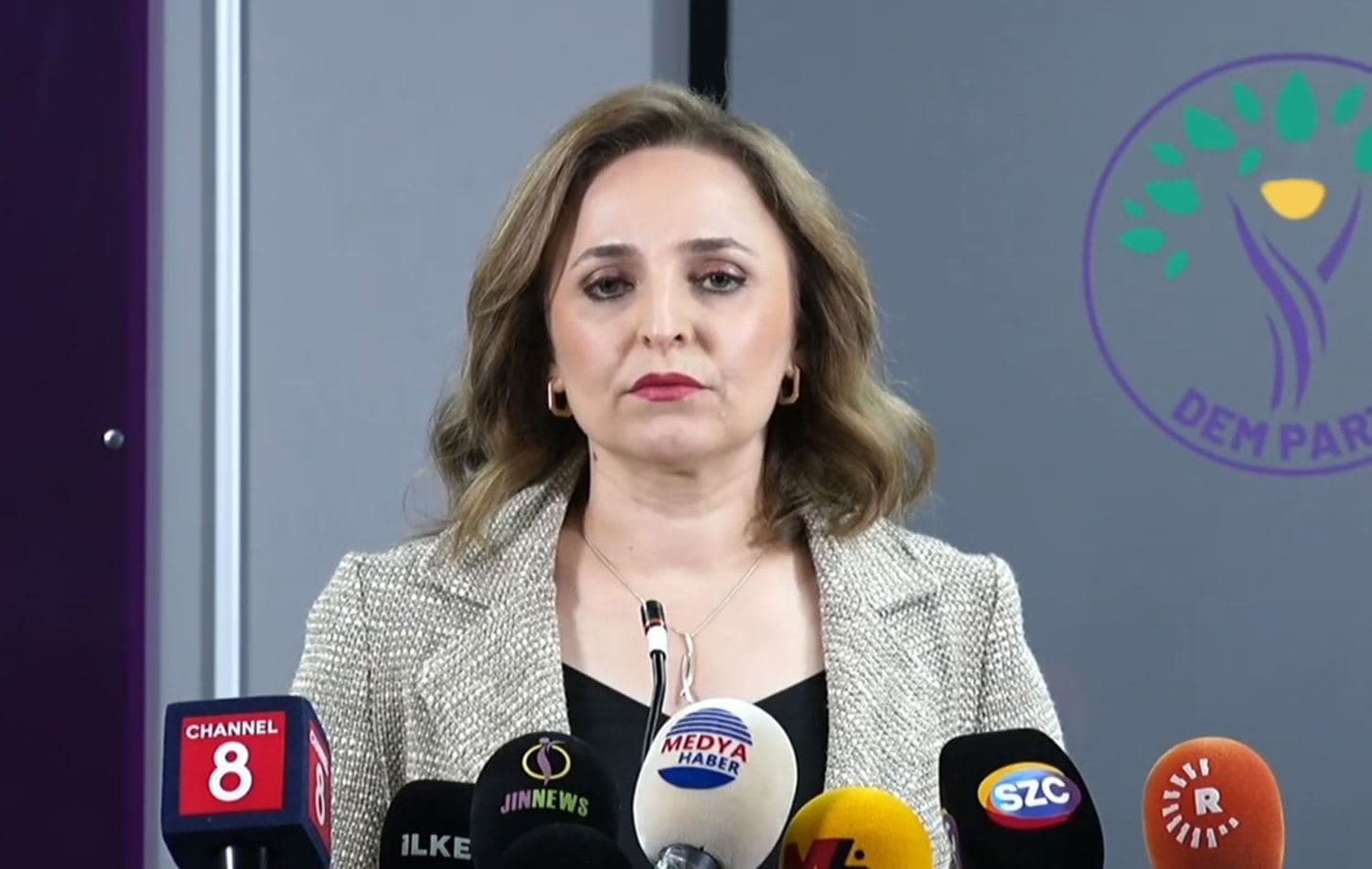 DEM Parti Sözcüsü Ayşegül Doğan, güncel gelişmeler ve MYK gündemine ilişkin basın toplantısı düzenledi. / Foto: ANKA