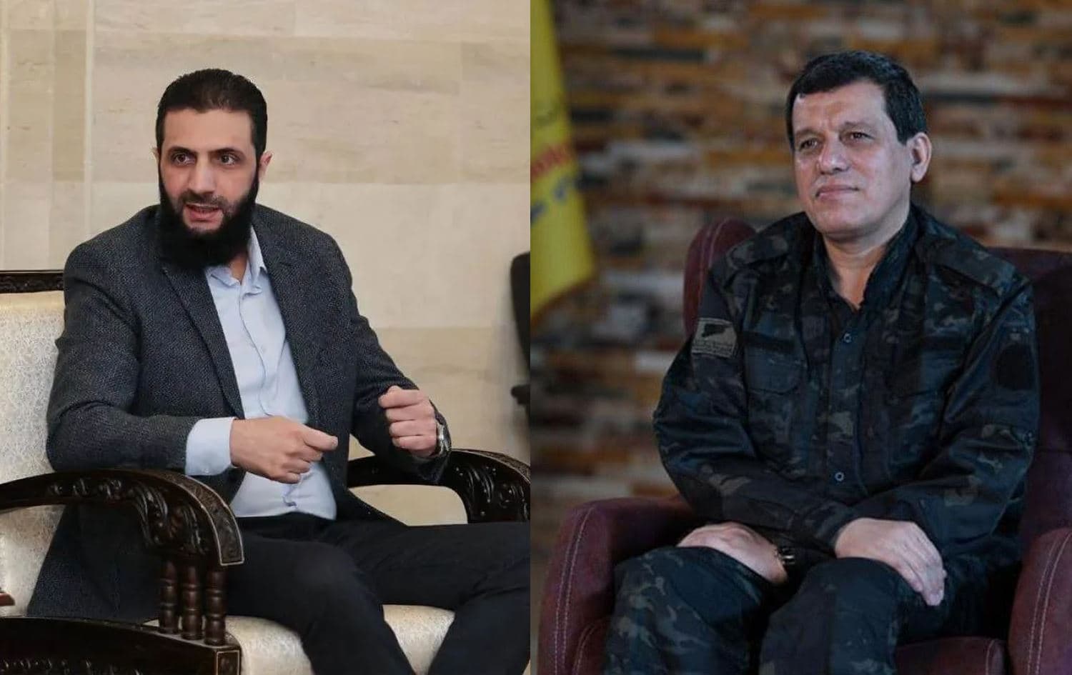 Foto: Demokratik Suriye Güçleri Genel Komutanı Mazlum Abdi (Sağda) HTŞ lideri Ahmed Şara (Solda)