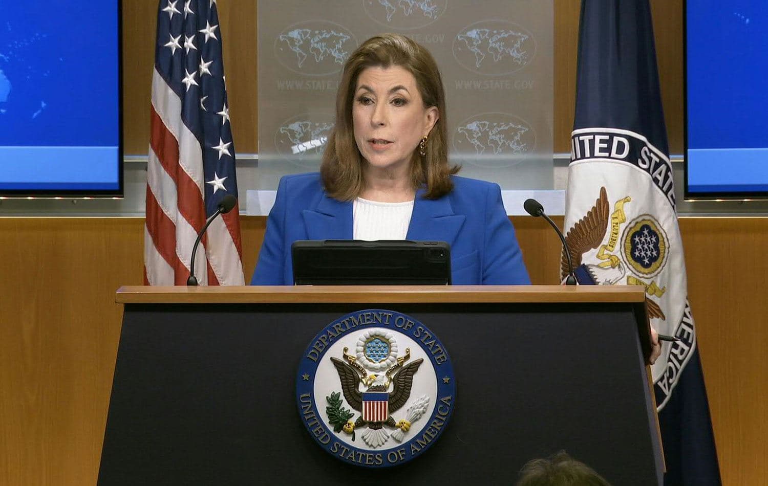 ABD Dışişleri Bakanlığı Sözcüsü Tammy Bruce, günlük basın toplantısında gazetecilerin sorularını yanıtladı. / Foto: AFP