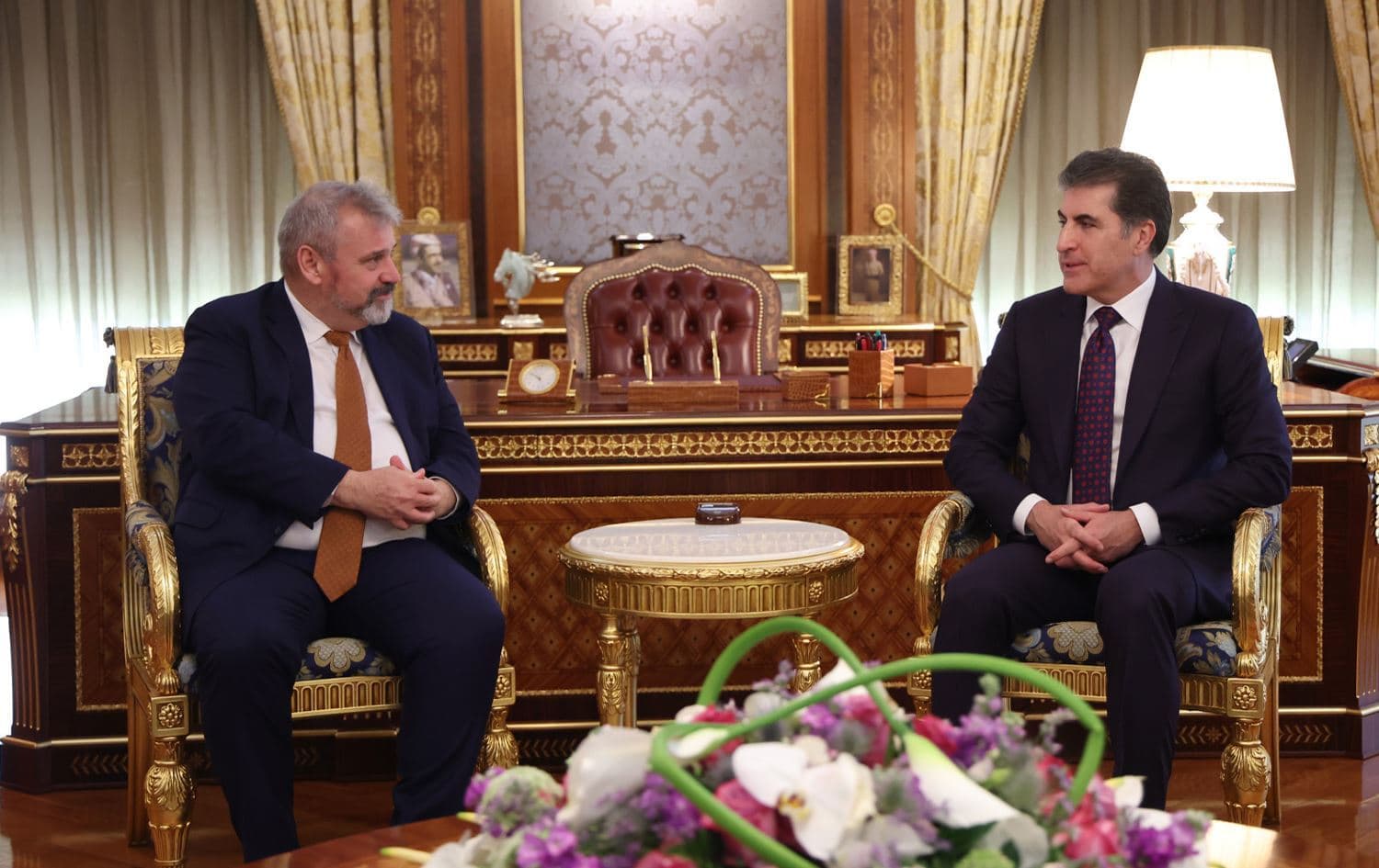 Kürdistan Bölgesi Başkanı Neçirvan Barzani (sağda), AB Büyükelçisi Seiler’i kabul etti. / Foto: Rûdaw