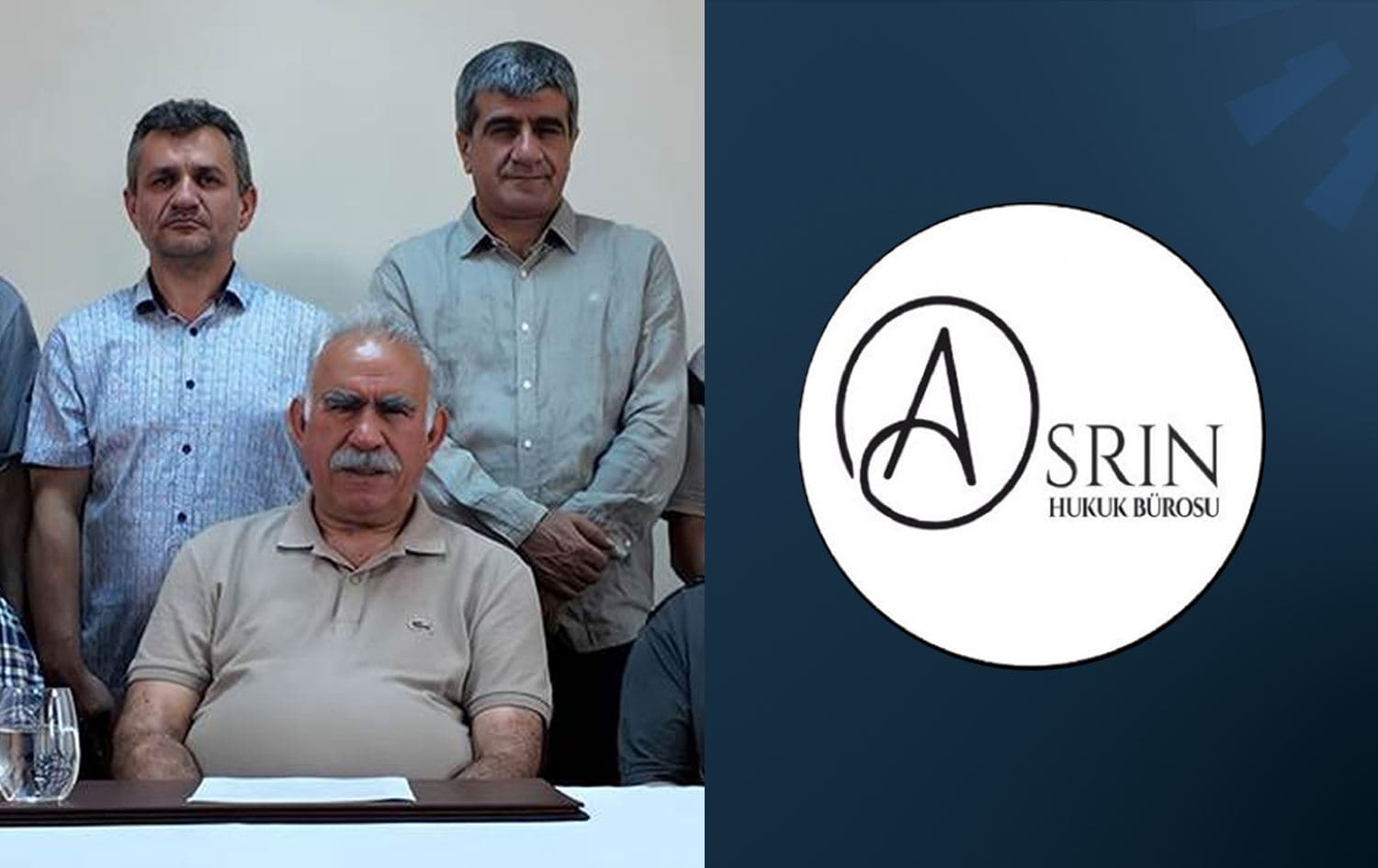 Öcalan'ın videolu mesajından bir kare ve Asrın Hukuk Bürosu logosu / Rûdaw dijital