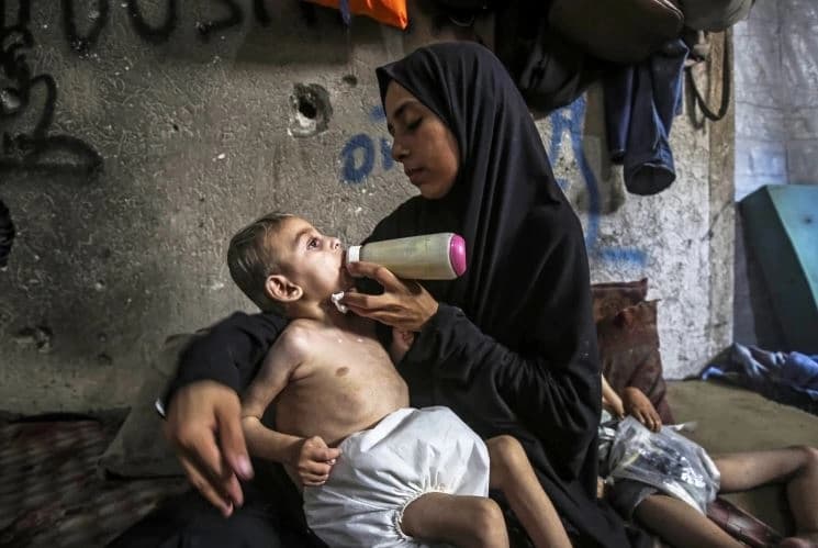 دایکێک لە غەززە شیری قوتوو بە منداڵەکەی دەدات. وێنەکە بۆ روونکردنەوەی هەواڵەکەیە