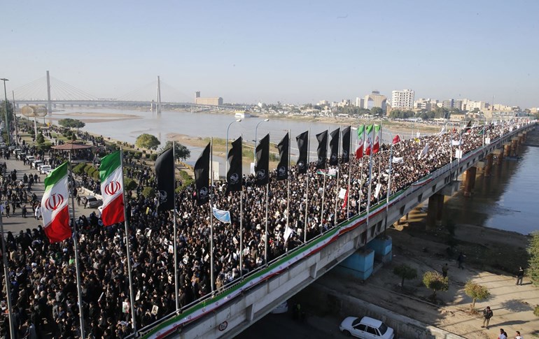 Iranians march on January 5, 2020 in the streets of the southern city of Ahvaz to pay homage to top general Qasem Soleimani, after he was killed in a US strike in Baghdad. Photo: Hossein Mersadi/Fars News/AFP