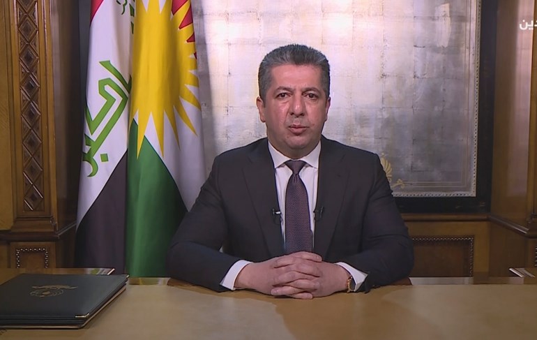 Kurdistan Region PM Masrour Barzani delivers a televised address on March 14, 202