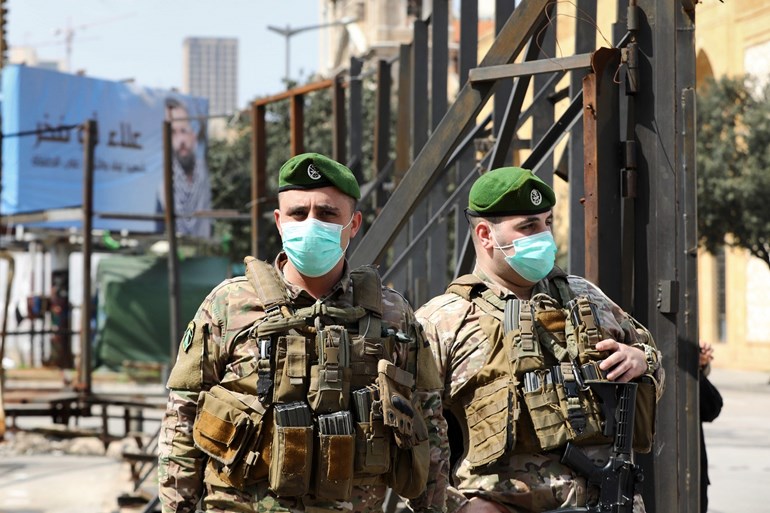 Lebanese soldiers stand guard in the downtown district of Beirut, March 15, 2020. Photo: Anwar Amro / AFP 