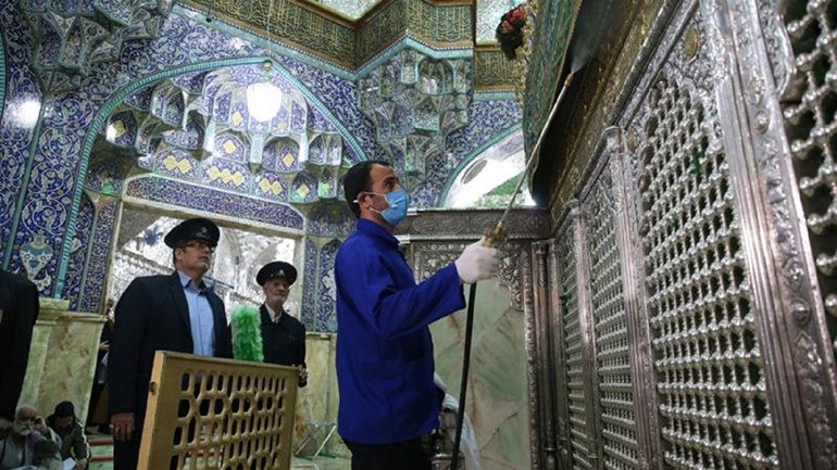 Iranian sanitary workers disinfect Qom''s Masumeh shrine to prevent the spread of the coronavirus. Photo: Mehdi Marizad/Fars News/AFP