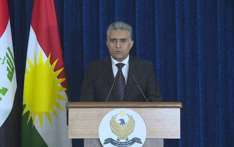 Kurdistan Regional Government (KRG) interior minister Reber Ahmed gives a press conference in Erbil, March 31, 2020. Photo: Rudaw TV
