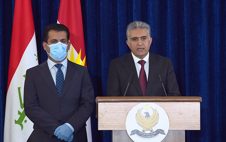 KRG health minister Saman Barzanji (left) and interior minister Reber Ahmed address the press on April 4, 2020. Photo: Rudaw