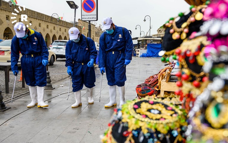 Workers disinfect streets in Erbil on March 7, 2020. Photo: Bilind T.Abdullah/Rudaw