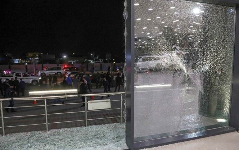 Glass shattered as a result of the rocket attack on Erbil on February 15, 2020. Photo: Safin Hamed/AFP 